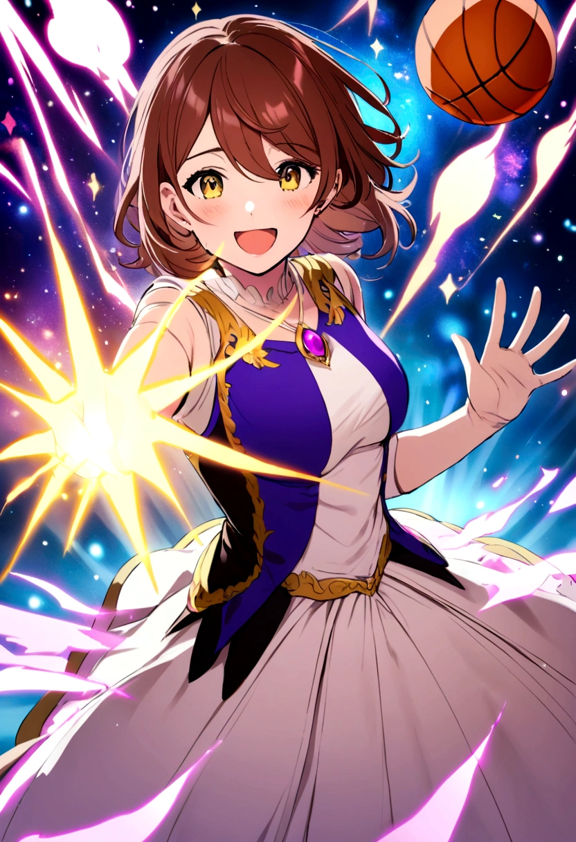 Human Woman。smile、Colorfully lit subspace、Dark brown ponytail、Amazoness、Uplifting、Slightly open legs、Colorful clothing