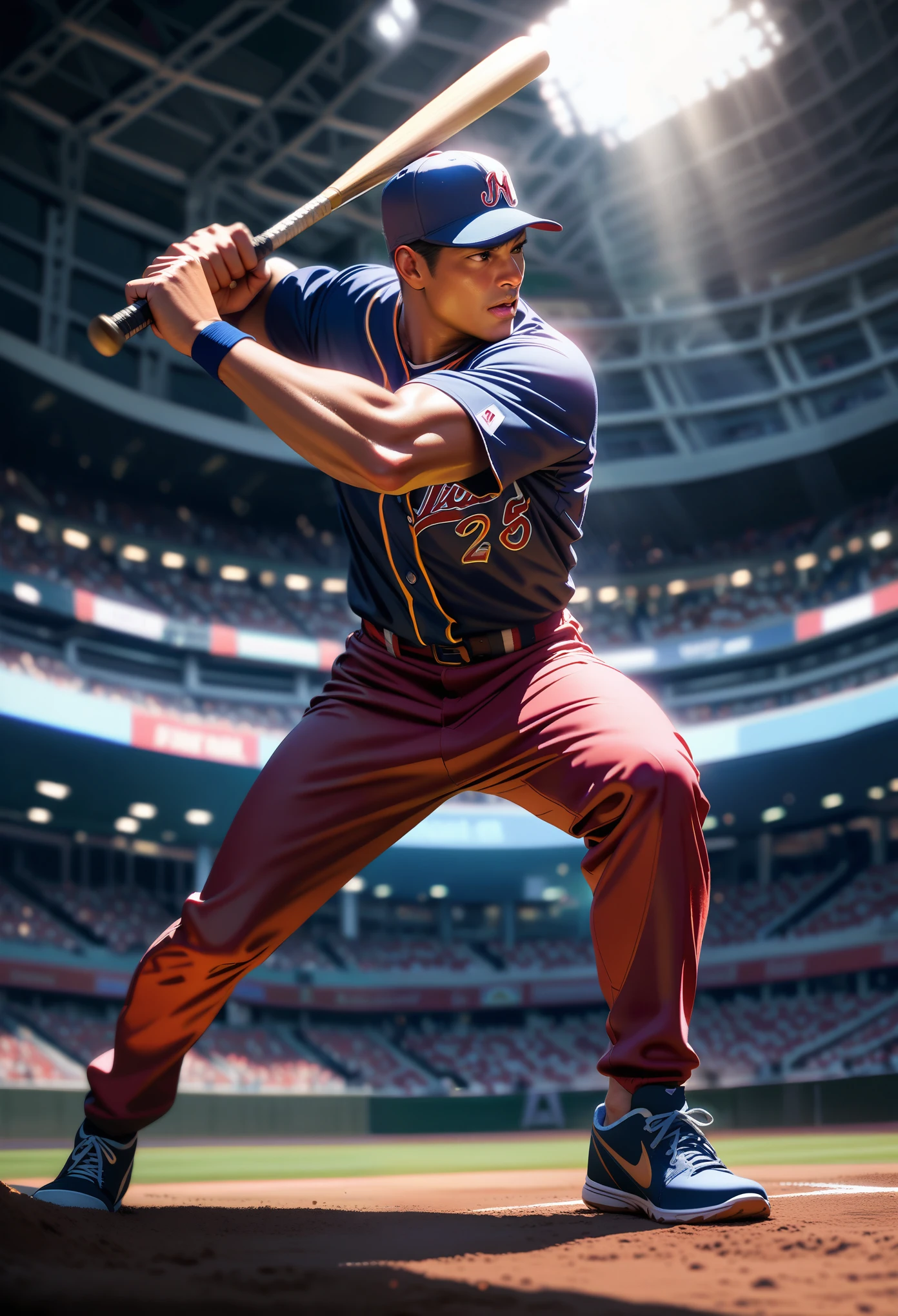 a muscular male baseball player in a stadium with a cheering audience, baseball uniform, batting stance, detailed facial features, highly detailed, cinematic lighting, photorealistic, epic scale, dramatic action, dynamic composition, vibrant colors, depth of field, detailed textures, sports action scene