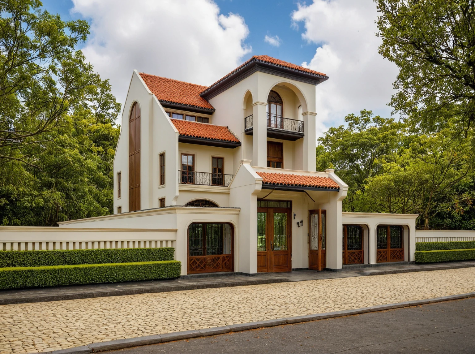 Raw photo,Masterpiece, high quality, best quality, authentic, super detail,
exterior, outdoors, house style indochine on the street, Groups,door wood,
road,pavement, grass, trees, sky, cloud, (day:1.1)