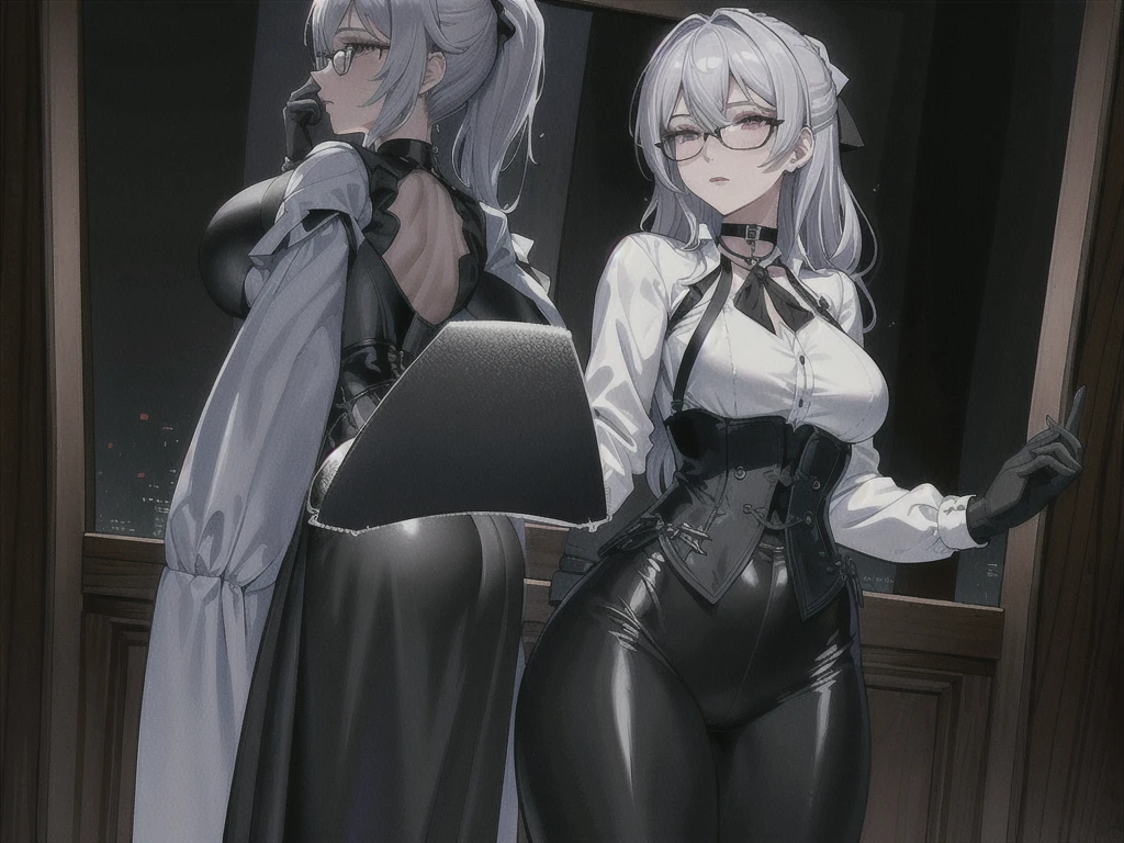 Masterpiece, Beautiful art, professional artist, 8k, art style by sciamano240, rostro de Bronya Zaychik, detailed body, Very detailed face, very detailed eyes, Detailed clothing, detailed fabric, Best Quality, better resolution, 1 girl, view from behind, perfect ass, standing, leaning pose, showing her ass to the viewer, big breasts, serious expression, at night , silver hair, glasses, choker:1.6, (long sleeve white collar buttoned shirt), (shiny black corset), black gloves covering your hands, (shiny black leggings), elegant room, at night