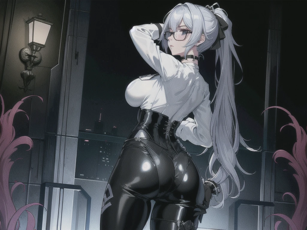 Masterpiece, Beautiful art, professional artist, 8k, art style by sciamano240, rostro de Bronya Zaychik, detailed body, Very detailed face, very detailed eyes, Detailed clothing, detailed fabric, Best Quality, better resolution, 1 girl, view from behind, perfect ass, standing, leaning pose, showing her ass to the viewer, big breasts, serious expression, at night , silver hair, glasses, choker:1.6, (long sleeve white collar buttoned shirt), (shiny black corset), black gloves covering your hands, (shiny black leggings), elegant room, at night
