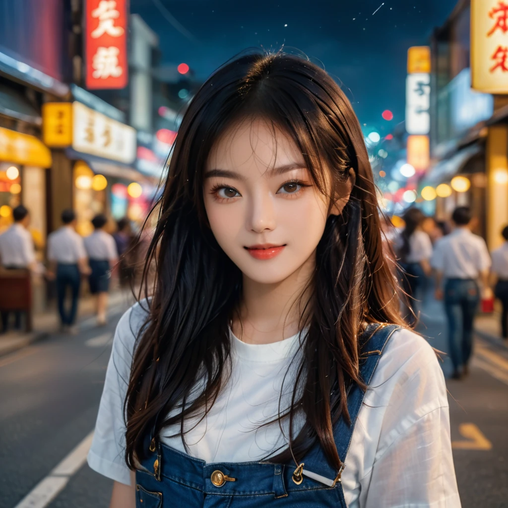 (upper body, from front bottom), Hasselblad X2D 100C + XCD 2,5/55V f/2, Kodak Professional Gold 200 film, sharp focus, ((a beautiful young idols face of Japanese model)), ((Newjeans Minji face: 1.0)), winged eye-liner, friendly smile, dynamic action posing, glowing bright realistic textures skin, long straight hair, wind storm tousling, film-grain, tilt shift, bokeh, shallowed depth of field, cinematic, Yaowarat road night background, vibrant heavenly lights sky,