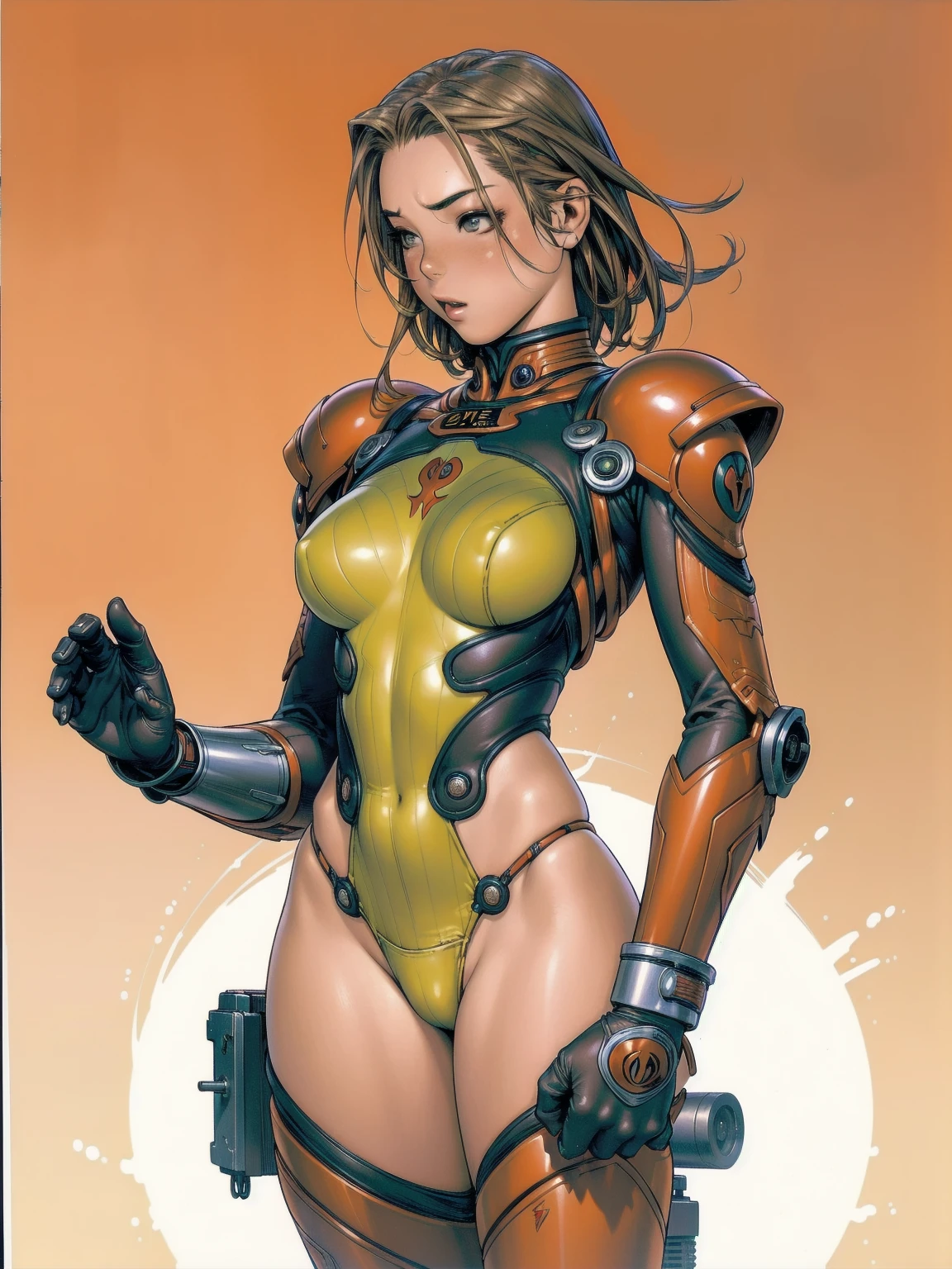 (((Cammy Street Fighter))), ((best qualityer)), (((red suit))), (((slim))), (Muscles), (((fit body armor suit))), ((Perfect masterpiece)), (detailded: 1.4), (absurdrez), (((long blonde hair with heavy bangs covering the entire forehead))), (((full body fitness, Venom symbol)), (((short hair woman, blushful))), 21 year old woman, beautiful sexy woman, giant robot pilot, wild with perfect corpo fitness, wearing small mecha battle armor clothes, tiny thong, Shonen manga style, clothing with Japanese cyberpunk graphic patterns, Halftone pattern and vertical stripes, earth tone, exiting the body of a giant robot, (((cowboy shot)))