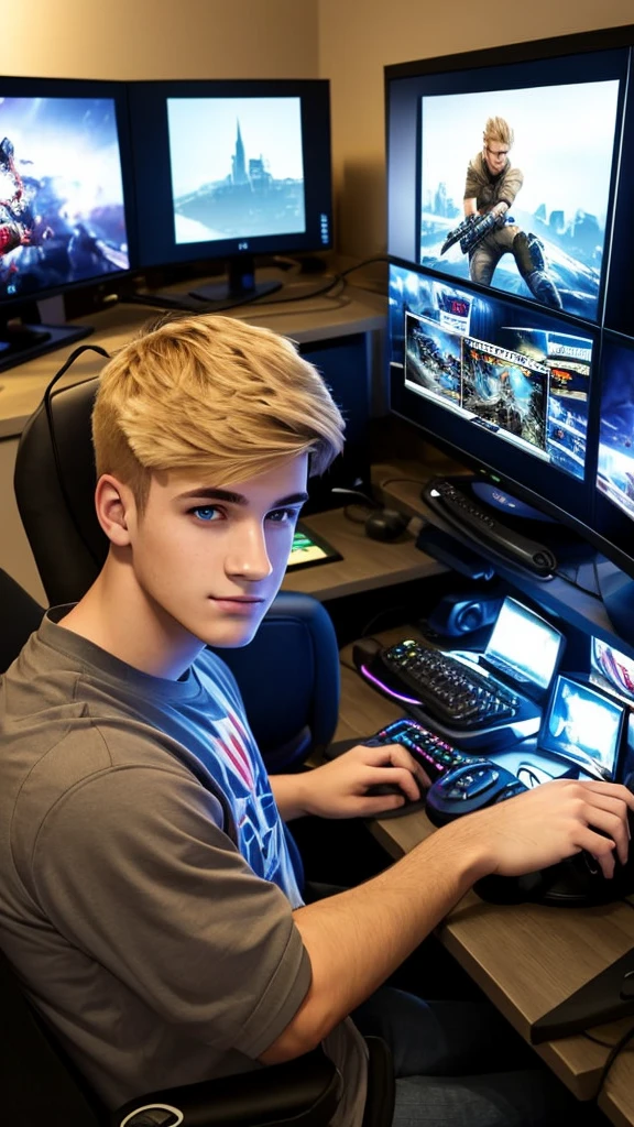 Create an image of a young man aged between 18 to 23 years old. He has blonde hair and light-colored eyes. The young man is seated at a gamer setup with multiple monitors and gaming accessories visible. He is facing the camera, as if he's streaming, with a microphone and possibly a webcam in view. The focus is centered on him, while the background is blurred to emphasize his presence. The lighting should be soft, highlighting his facial features and the gaming environment, giving a professional streaming vibe.