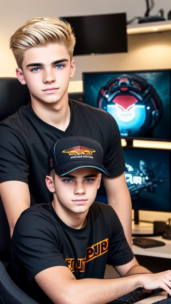 Create an image of a young man aged between 18 to 23 years old. He has blonde hair and light-colored eyes. The young man is seated at a gamer setup with multiple monitors and gaming accessories visible. He is facing the camera, as if he's streaming, with a microphone and possibly a webcam in view. The focus is centered on him, while the background is blurred to emphasize his presence. The lighting should be soft, highlighting his facial features and the gaming environment, giving a professional streaming vibe.