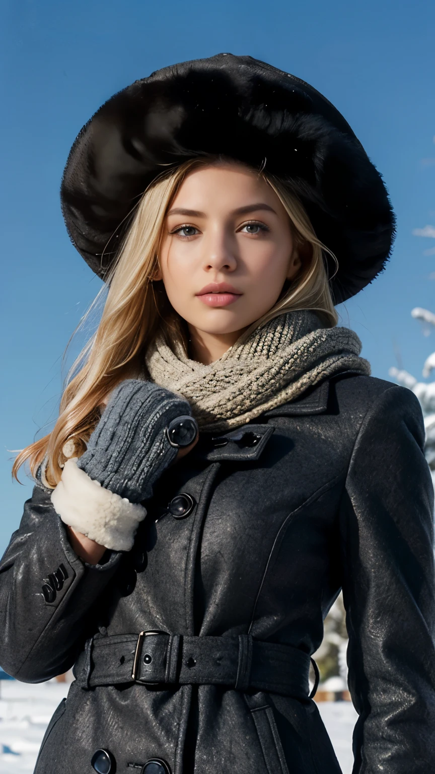 (Black Cossack hat), (Overcoat for cold weather, denim), (White Mink scarf:1.3), (Black mitten:1.3), front view , Full-body, standing pose, looking at viewer, Russian girl, 18 age old, ((Blond hair:1.3), middle hair , wince, Gray eyes, beautiful lip, serious), winter, fall snow, Moscow city, textured skin , HI detailed skin, (foreshortening, Canon, anatomically correct, super detail, high details, highness,