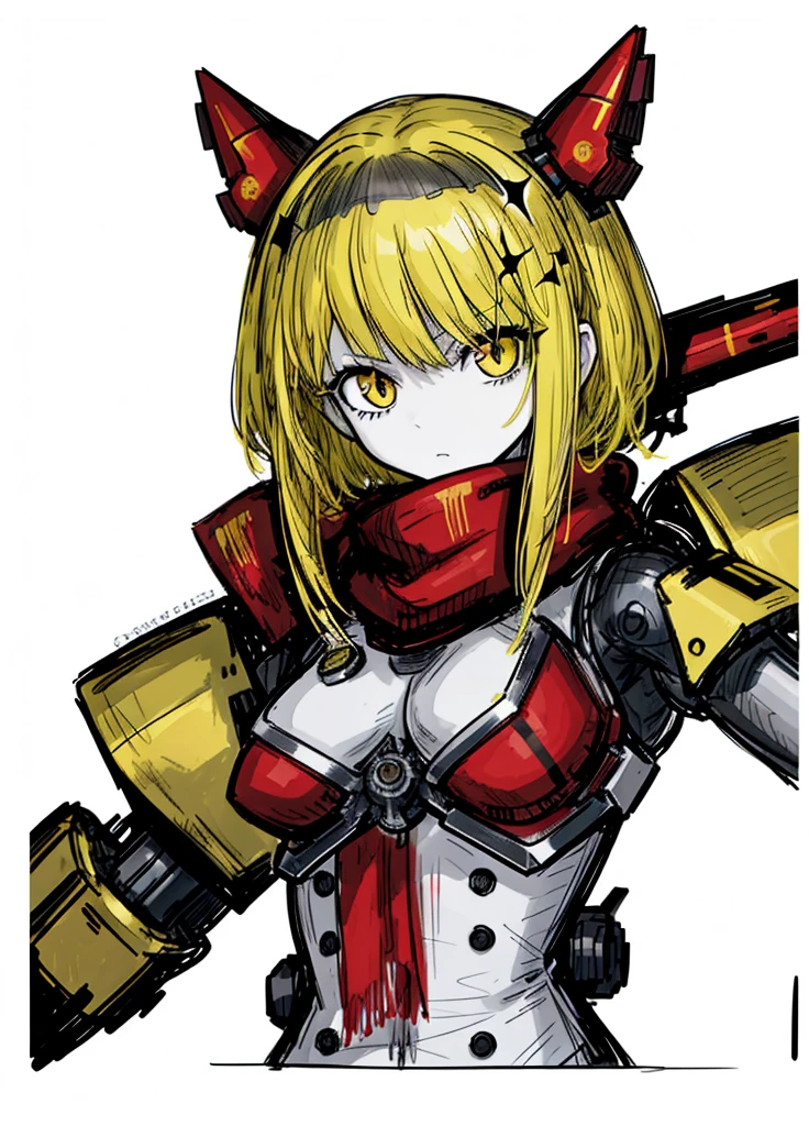 1girl, pale skin,  yellow hair, android, mecha, nice clothes, (high resolution, high detail, best quality), 
black background, sword, shield, red scarf
