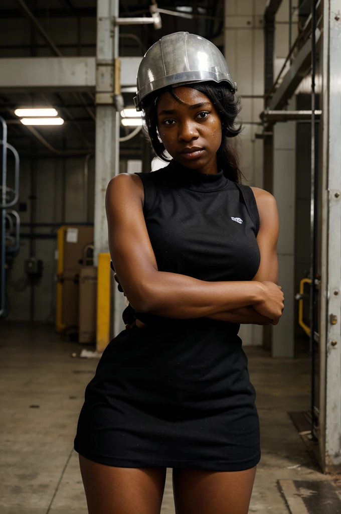 black female employee wearing a uniform and helmet in a factory, holding one of her arms with a sad facial expression, injured arm muscle pain, repetitive strain arm injury