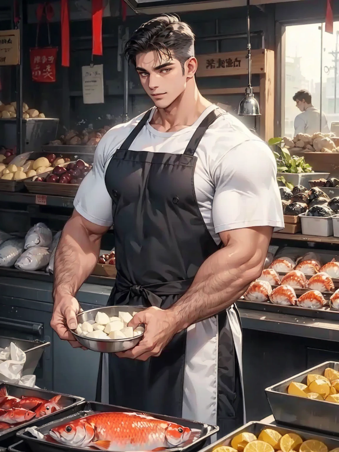 men wear dark gray shining apron over white T-shirt, muscular and handsome,fish market,smile