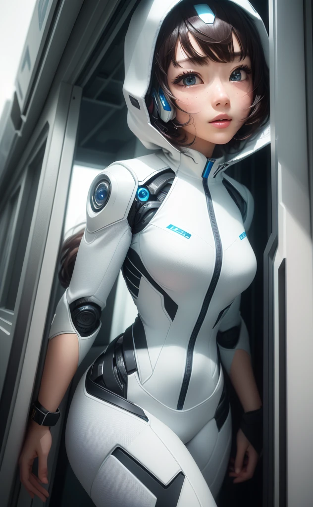 (masterpiece, highest quality, highest resolution, distinct_image, detailed details): (Solo, Girl Alone, Face is Japan Person, Short Cut, Girl with Black Hair, (Perfect Body: 1.4), Sparkly blue color eyes, Pilot suit in white and blue color, Tight fit clothes, Clothes covering the whole body, Very delicate and beautiful, detailed skin, Slim body, Exoskeleton, gentle smile, heroine, headset, boots, front, facing the viewer), inside the spaceship
