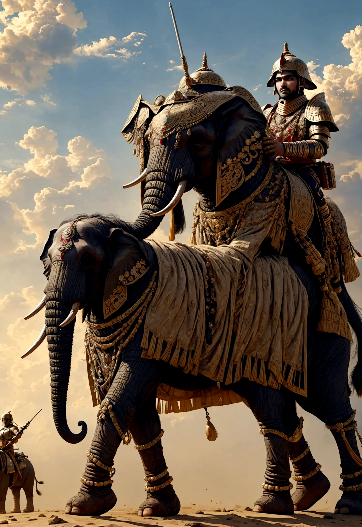 A Indian war elephant adorned in ornate armor come with indian army , fall down , indian army lose an epic battle against arab army