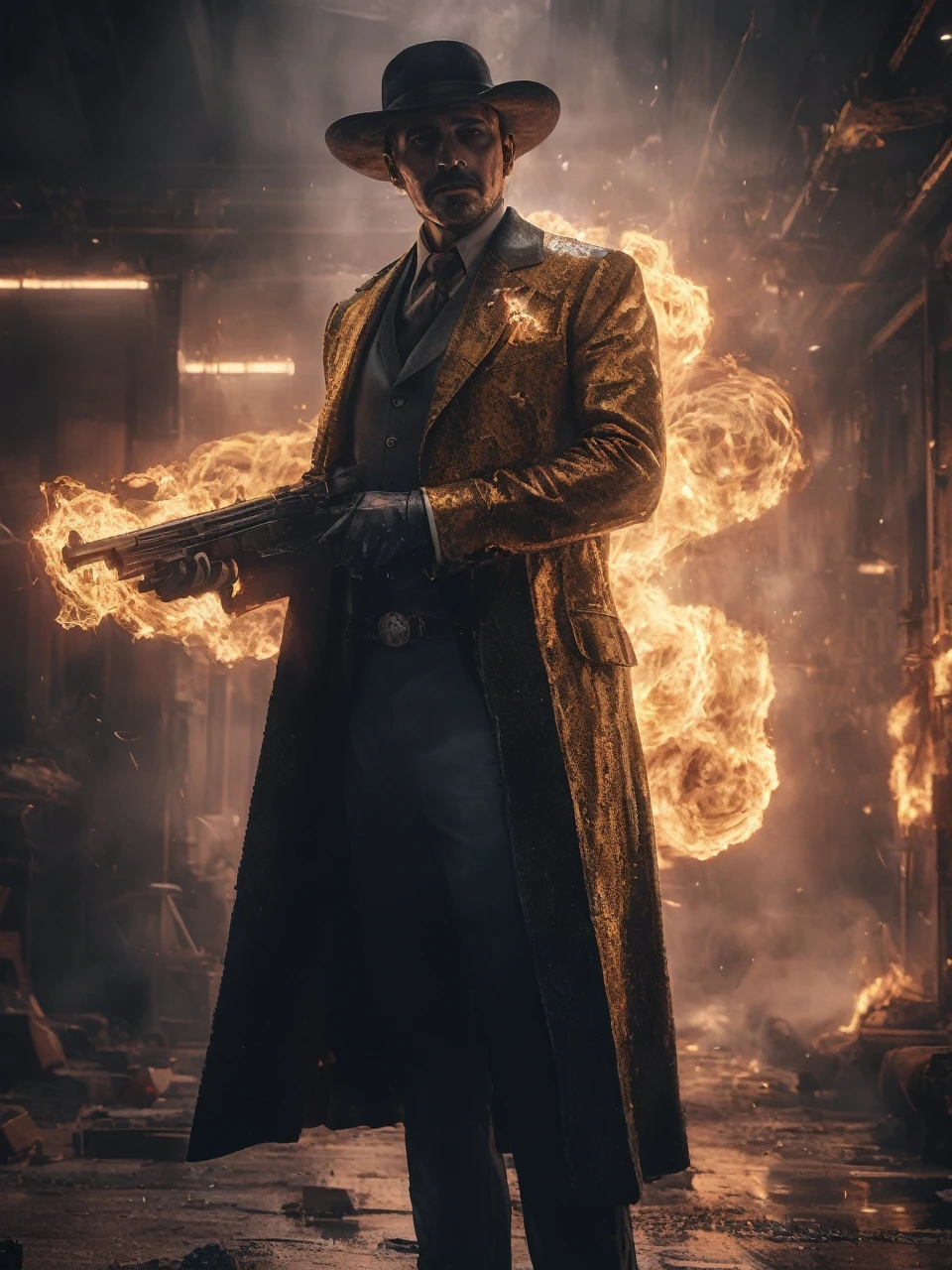 a man with a mustache wearing a western suit, holding a revolver in one hand, photorealistic, detailed, 8k, highly detailed, intricate details, realistic, dramatic lighting, cinematic, gritty, moody, dark, chiaroscuro, dramatic shadows, intense colors, vibrant colors, hyper realistic, sharp focus, unreal engine, studio lighting, physically based rendering, masterpiece