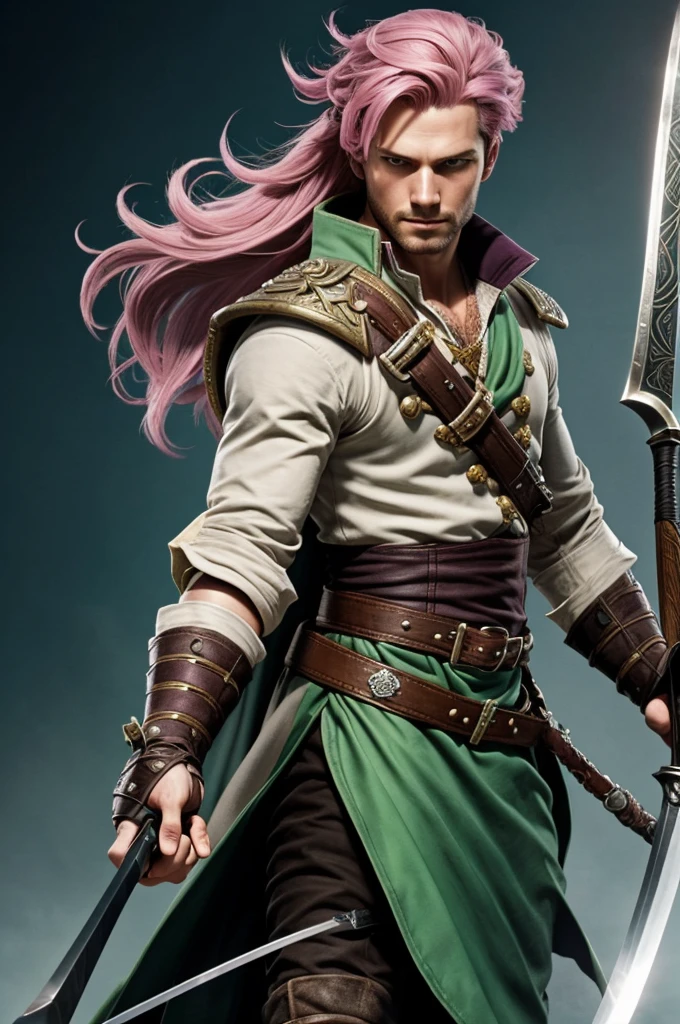 capture a head-to-toe body perspective, The swashbuckler has a pink undercut hairstyle, intricately detailed, and pale green eyes, He is holding a bastard sword in his right hand, and his left arm has a buckler attached, He is wearing a duelist's cape, Pathfinder Second Edition art style