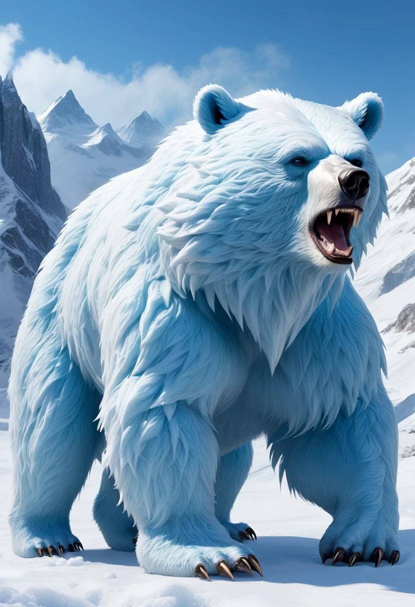 A cryptid adapted to survive in the freezing conditions of a remote mountain range. It has the robust, muscular body of a bear, covered in thick, white fur that provides excellent insulation against the cold. Its eyes are a bright, icy blue, with keen vision to spot prey in the snow. The creature’s powerful limbs end in large paws with retractable claws, perfect for digging through ice and snow. Its breath is visible in the cold air, and it has a deep, resonant roar that can be heard for miles. The creature’s tail is short and bushy, helping it maintain balance on the treacherous terrain