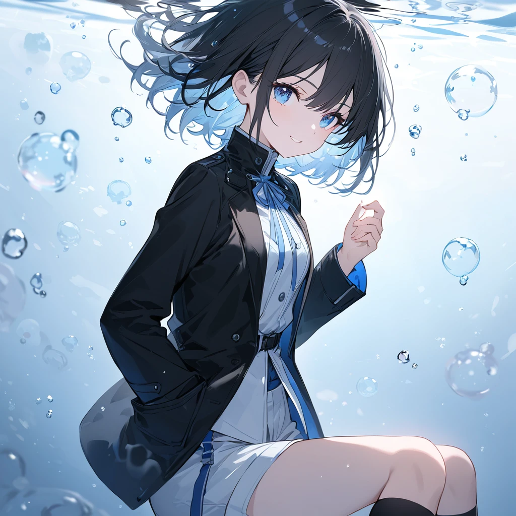 ((Highest quality)), ((masterpiece)), ((Ultra-detailed)), (Very delicate and beautiful), With a girl, solo, Cold attitude,((Black jacket)),She is very(relax)with(Calm)Appearance,Black-haired, Depth of written boundary,Wicked Smile,bubble, Underwater, Air bubbles,bright light blue eyes,Light grey hair with light blue tips and inner color,,,,,,,,Cold Background,Bob Hair - Line Drawing, Shorts、Knee-high socks、Like a white uniform 、Light blue ribbon tie、The clothes are transparent、Put your hands in your pockets、Eyes as bright as sapphires,Frontless Blue, A small blue light was floating、Upward glance、Broken glass、Snowflake Eyes、Great eyes