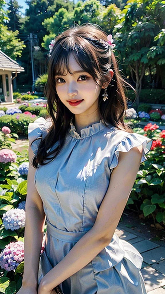 best quality, masterpiece, ultra high res, 8K, raw, (photo realistic:1.4), professional lighting, depth of field, (detailed background:1.5), hydrangeas, flower garden, slender, stretch, 1 girl, age 25 years cute, smile, big black eyes, teeth, medium breasts, detailed clothes, light gray, one-piece with frill