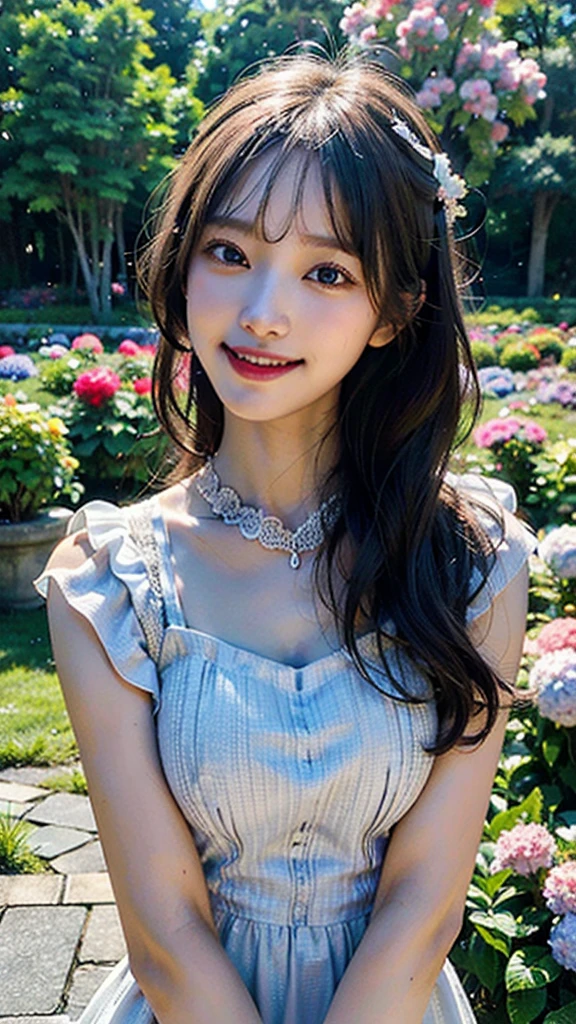 best quality, masterpiece, ultra high res, 8K, raw, (photo realistic:1.4), professional lighting, depth of field, (detailed background:1.5), hydrangeas, flower garden, slender, stretch, 1 girl, age 25 years cute, smile, big black eyes, teeth, medium breasts, detailed clothes, light gray, one-piece with frill