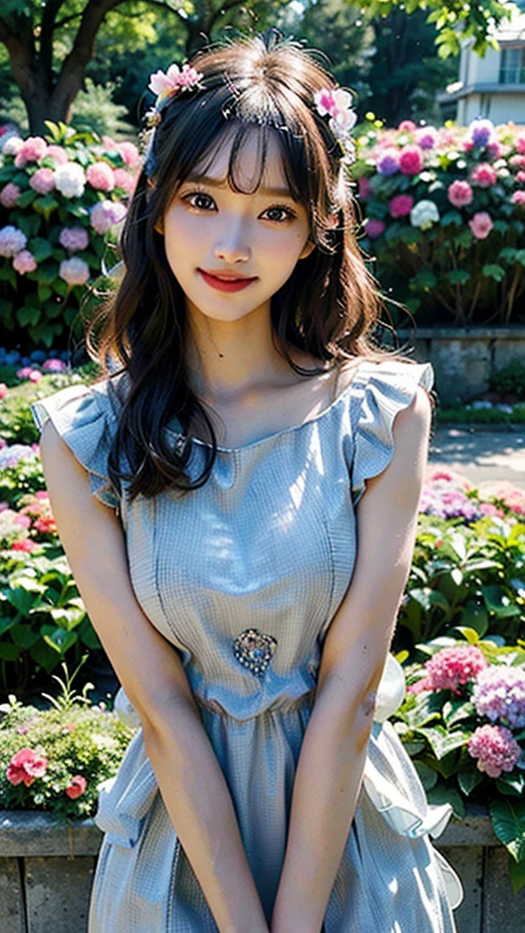 A mesmerizing woman in a flowing, bohemian dress, sitting in a meadow filled with wildflowers. She has a peaceful expression, surrounded by nature's beauty.
