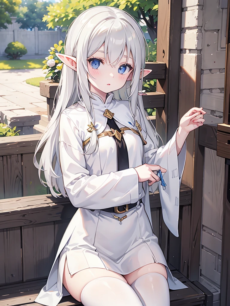 ((((sitting,crotch,peeing,wet,restrained,chain,surprised,))blush,Thigh,nsfw,black tights, panty,(((1 girl,))),excited,White tight dress,))(((masterpiece,8K,production art,)))Yumekawa ,Official art