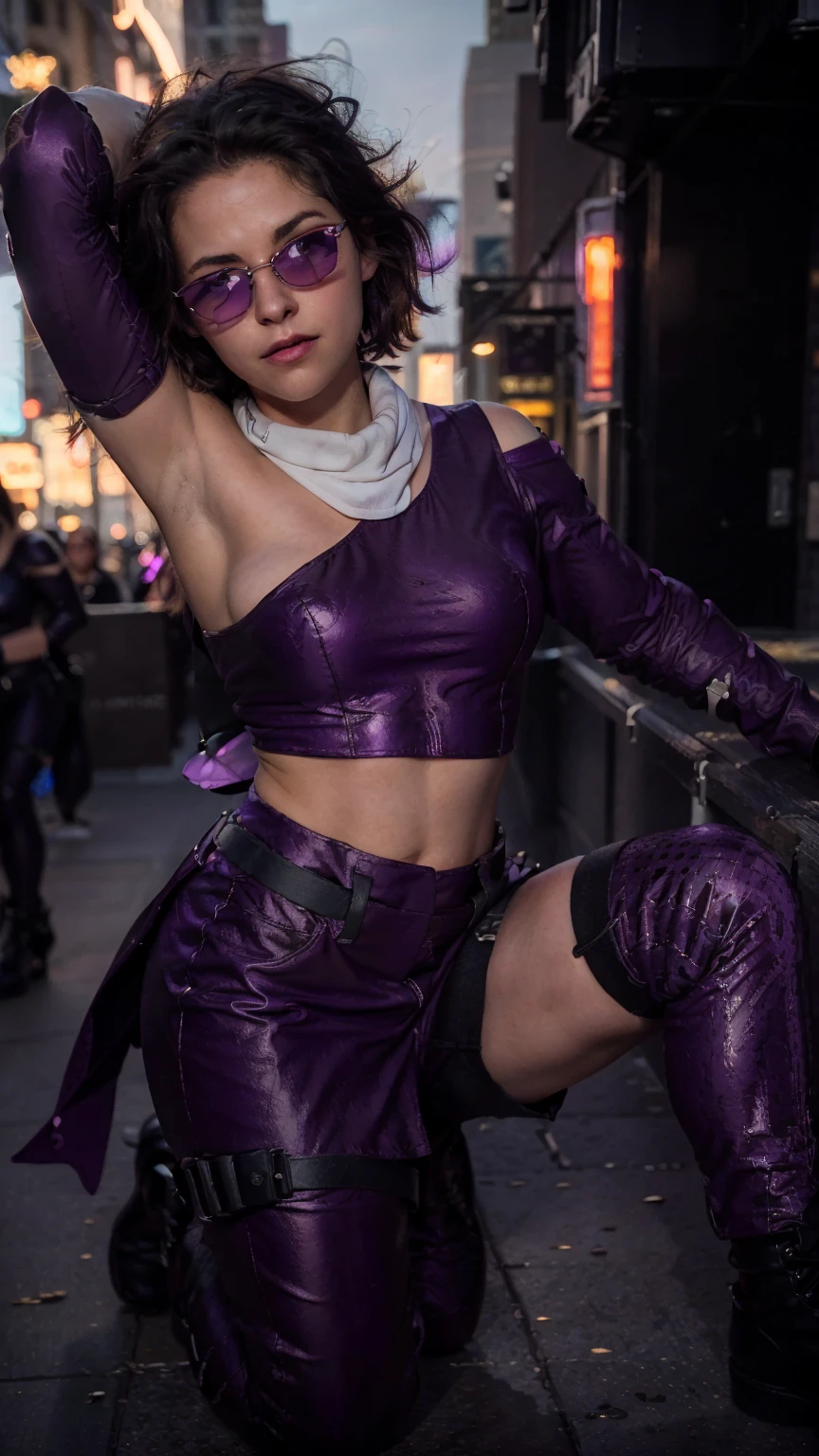 (masterpiece), (photorealistic1.4), (1 girl), (solo), (best quality), (epiCRealLife), (Kate Bishop long hair), (sleeveless top), (kateb2023 black utility belt), (kateb2023 purple costume), (purple pants) (kateb2023 purple sleevless bodysuit), (kst3w white scarf),(white scarf), (kateb2023 purple sunglasses) (bare shoulder), (night time), (kateb2023 wearing black boot), (elbow gloves), (abs), (flash photography), (flashphoto), (outdoor), , (sunset), (wearing black boots), (look at viewers),(light smile), (squatting), (city night view), (standing on new york city top), (from side),
