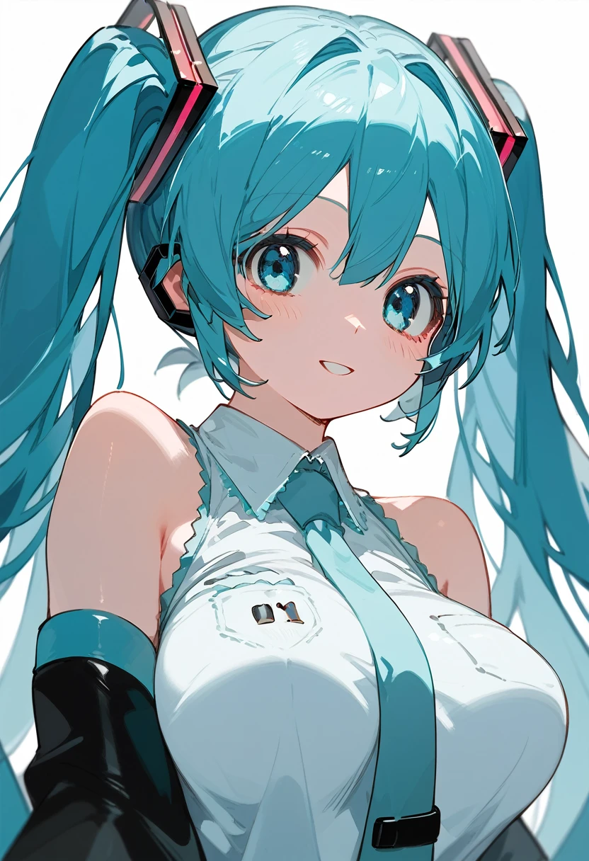 Hatsune Miku, light blue hair, light blue eyes, two hair ties, large breasts