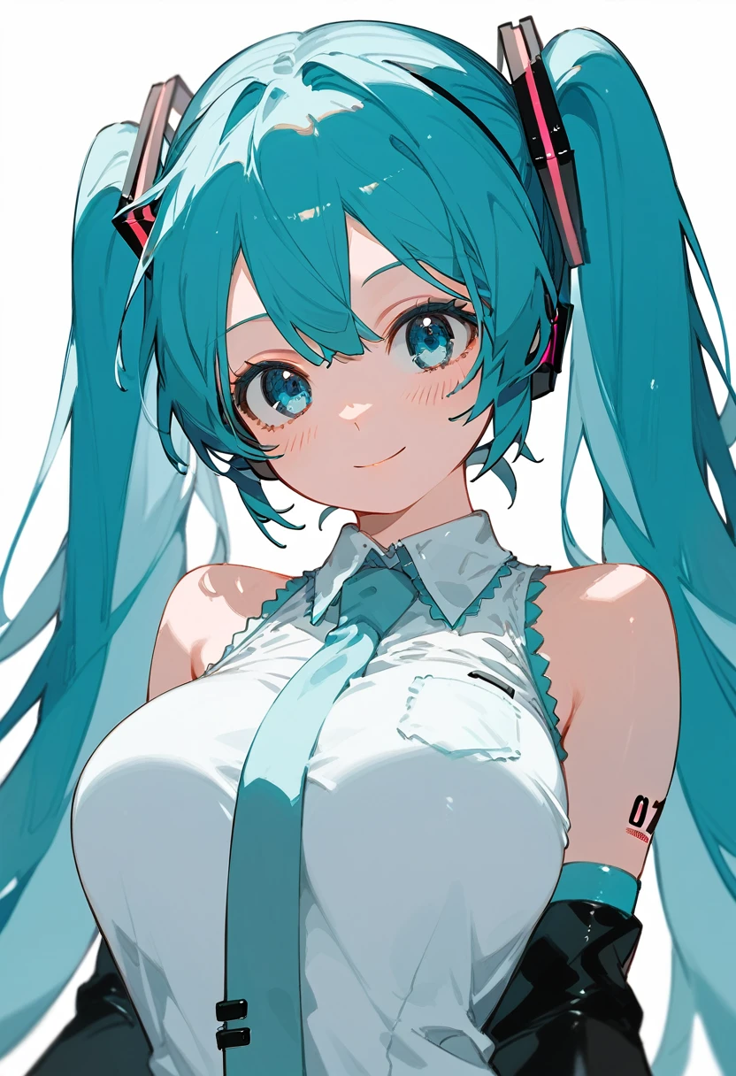 Hatsune Miku, light blue hair, light blue eyes, two hair ties, large breasts