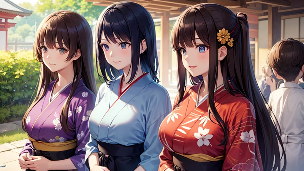 Highest quality, 8K, 4K, High resolution, High Contrast,1girl,only,Beautiful dark brown hair,Straight Long Hair,(Beautifully detailed face),Blue, clear eyes,Slanted Eyes,Moderate breast size,２０generation, Happy, smile, grow, Wearing a yukata, Japanese clothing, A wonderful sight, Summer Festival Venue