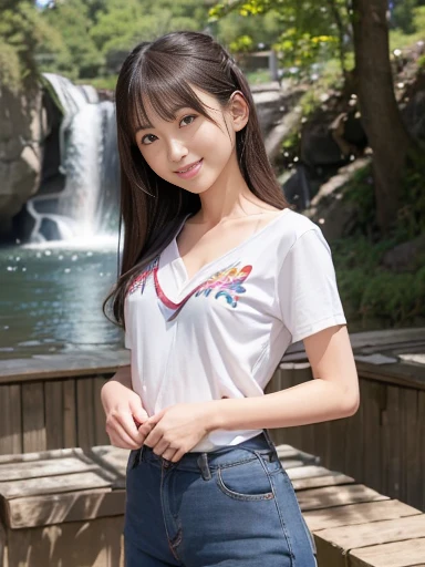 8K,masterpiece,Japanese,-yeld gifrom the front,smile,cute,Innocent face,Innocent,Kind eyes,Childish,(Plain T-shirt,Short sleeve,Blue checked short skirt),semi-long,Hair blowing in the wind,Black Hair,Somewhat strong wind,noon,bright,Sitting、M-shaped feet, (Large Breasts:1.2),(Emphasize the chest:1.2)