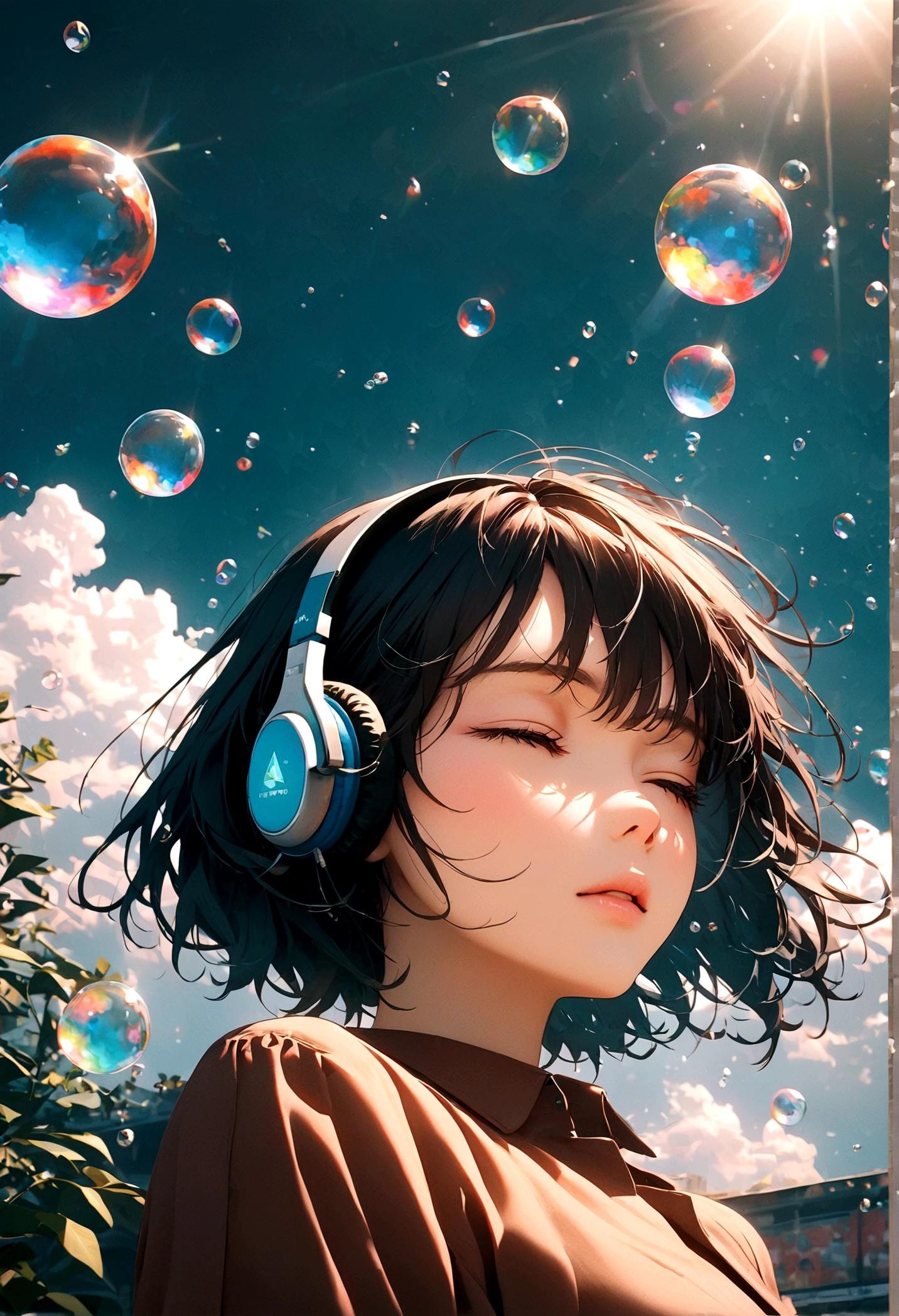 (woman\(student, 15 years old, ＪＫ, short hair, Black Hair, Floating Hair, Jewel-like eyes, Wearing headphones，Fluffy clothes(When sleeping), Pale skin, Tired face, No shine in the eyes\) Looking up at the sky), (Many goldfish are swimming in the air), Beautiful sky, Beautiful Clouds, Colorful summer flowers are blooming everywhere., (Transparent bubbles shine like prisms here and there in the sky), The midday moon and the midday star shine in the sky, woman is at messy downtown, break ,quality\(8K,非常に精細なCGユニットのwallpaper, masterpiece,High resolution,top-quality,top-quality real texture skin,Surreal,Increase the resolution,RAW Photos,最高quality,Very detailed,wallpaper,Cinema Lighting,Ray-tracing,Golden Ratio\),(Long Shot),Wide Shot,