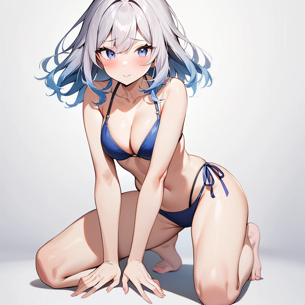 1 girl,Solo,long and shot hair,masterpiece, best quality, very aesthetic, absurdres,arms,face,hands,purple and blue,two tone color,v_arms,breasts,hand_between_legs,Bikini,Cleavage,medium hair,side-tie_bikini_bottom,feet