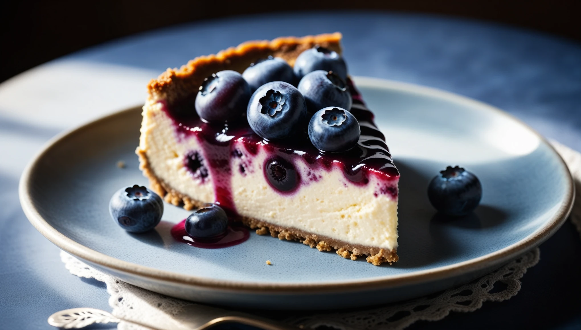 Documentary RAW Photography,a Blueberry Cheesecake, highlighting its exquisite, lacy texture and impeccable balance. The composition should evoke an irresistible urge to taste, with every detail crafted to inspire both amateur and seasoned cooks, (sharpness in detail:1.1), masterpiece, 35mm photograph, (iconic photograph:1.4), (visual storytelling:1.2), film grain, award winning photography,vibrant use of light and shadow, high quality textures of materials, volumetric textures perfect composition, dynamic play of light, rich colors, epic shot, perfectly quality, natural textures,high detail, photoshadow, (natural colors, correct white balance, color correction, dehaze),(intricate detailed), 8k