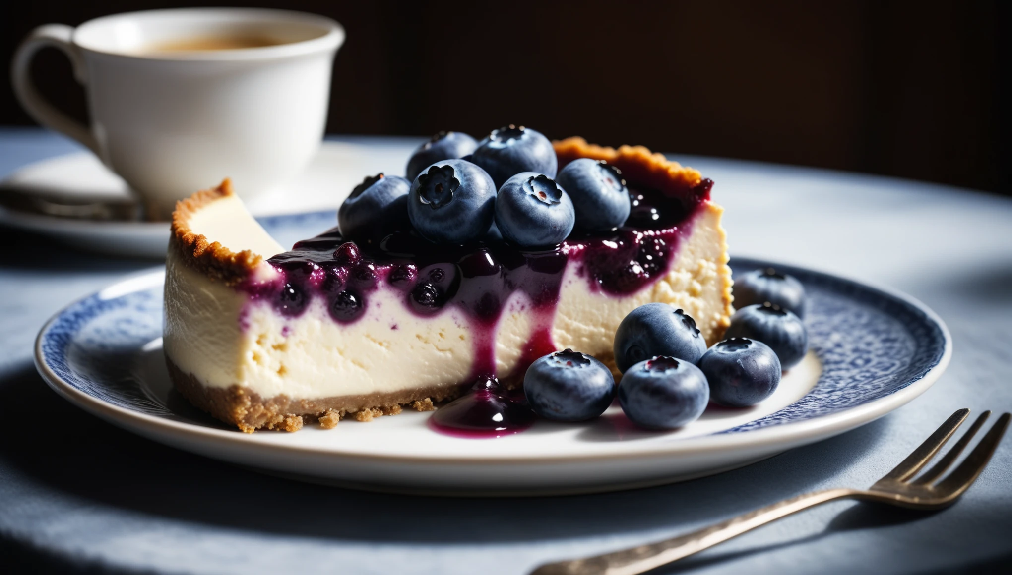 Documentary RAW Photography,a Blueberry Cheesecake, highlighting its exquisite, lacy texture and impeccable balance. The composition should evoke an irresistible urge to taste, with every detail crafted to inspire both amateur and seasoned cooks, (sharpness in detail:1.1), masterpiece, 35mm photograph, (iconic photograph:1.4), (visual storytelling:1.2), film grain, award winning photography,vibrant use of light and shadow, high quality textures of materials, volumetric textures  perfect composition, dynamic play of light, rich colors, epic shot, perfectly quality, natural textures,high detail, photoshadow, (natural colors, correct white balance, color correction, dehaze),(intricate detailed), 8k