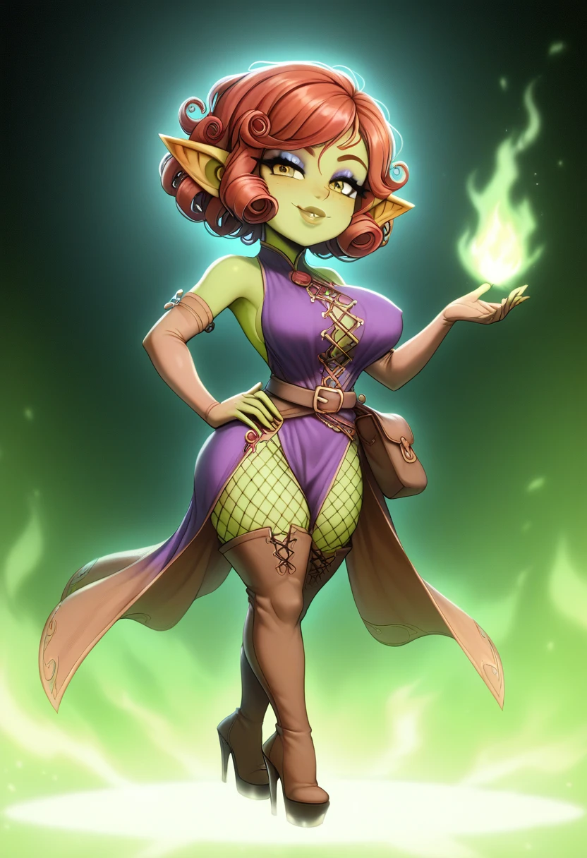 Girl, goblin girl, goblin, green skin, short, short stature, short hair, red hair, curly hair, large breasts, long gloves, thigh boots, pouty lips, masterpiece, best quality, sexy, dynamic pose, 8k, shortstack, sfw, shiny, fantasy, dungeons and dragons, high heels,  fishnets, holding, dark green skin, adventurer, slutty pose, sorcerer, sorceress, pyromancer, fire and ice, magic, fire and ice magic, long detailed slutty colorful dress, thigh pouch, very curly hair, lots of belts, curly hairstyle, lipstick, rosy cheeks, smile, eyeshadow, eye liner, belt on hip, magic, magic dress, very detailed, magic user, puffy lips, bright colors, fiery personality, passionate 