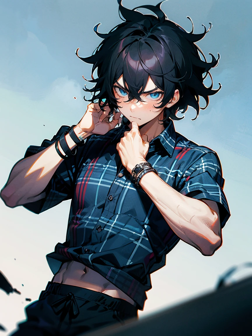 1 men, Bblack hair, Messy hair, Cropped hair, sky blue eyes, plaid hawaiian shirt, wristbands, serious expression in black sweatpants