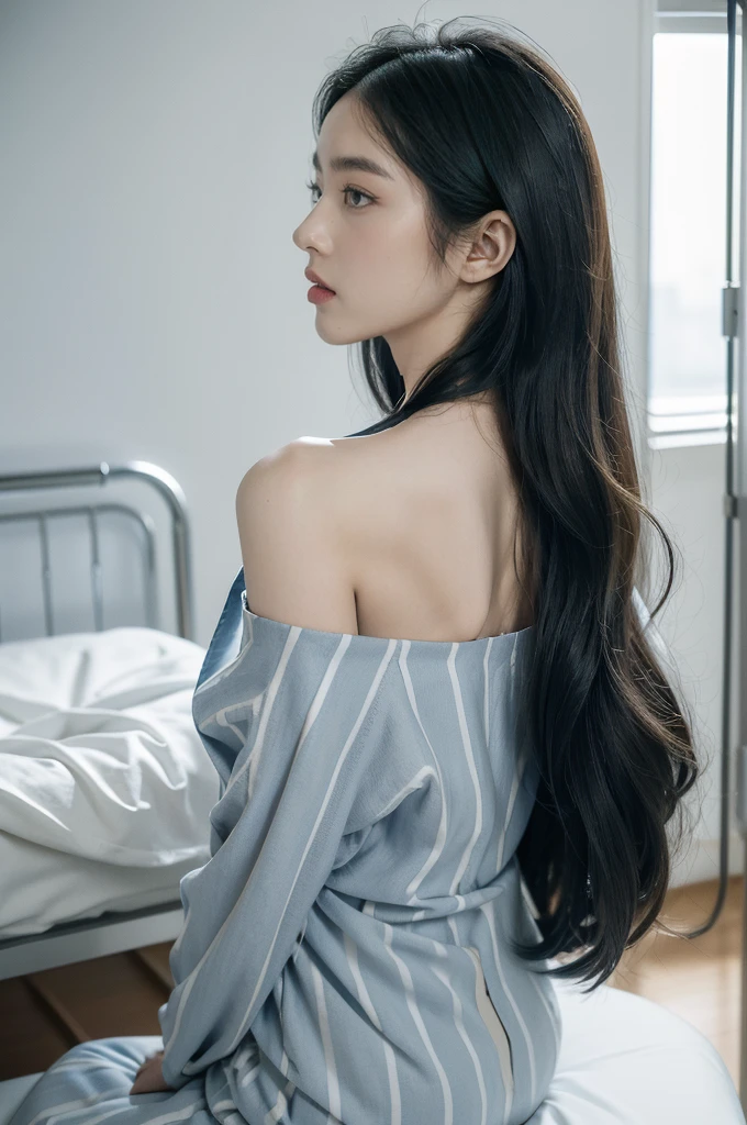 (((best quality))), (((ultra detailed))), (((masterpiece))), illustration,((a fragile and beautiful young girl,solo)),((slim,thin)),((shoulder off,bare back,towering hips,butt crack)),((sitting on a hospital bed)),(vertical striped blue and white patient's collared shirt:1.3), ethereal appearance,(shoulder length straight hair:1.2), delicate features, expressive eyes, porcelain skin, worried expression, vertical stripes on the gown, loose fit, slender fingers, polished nail polish, clinical examination room, faded walls, doctors' cart, stainless steel, hospital backdrop, stark contrasts, cold environment, warmth and vulnerability, poignant moment, moving image,((from back,upper body)),