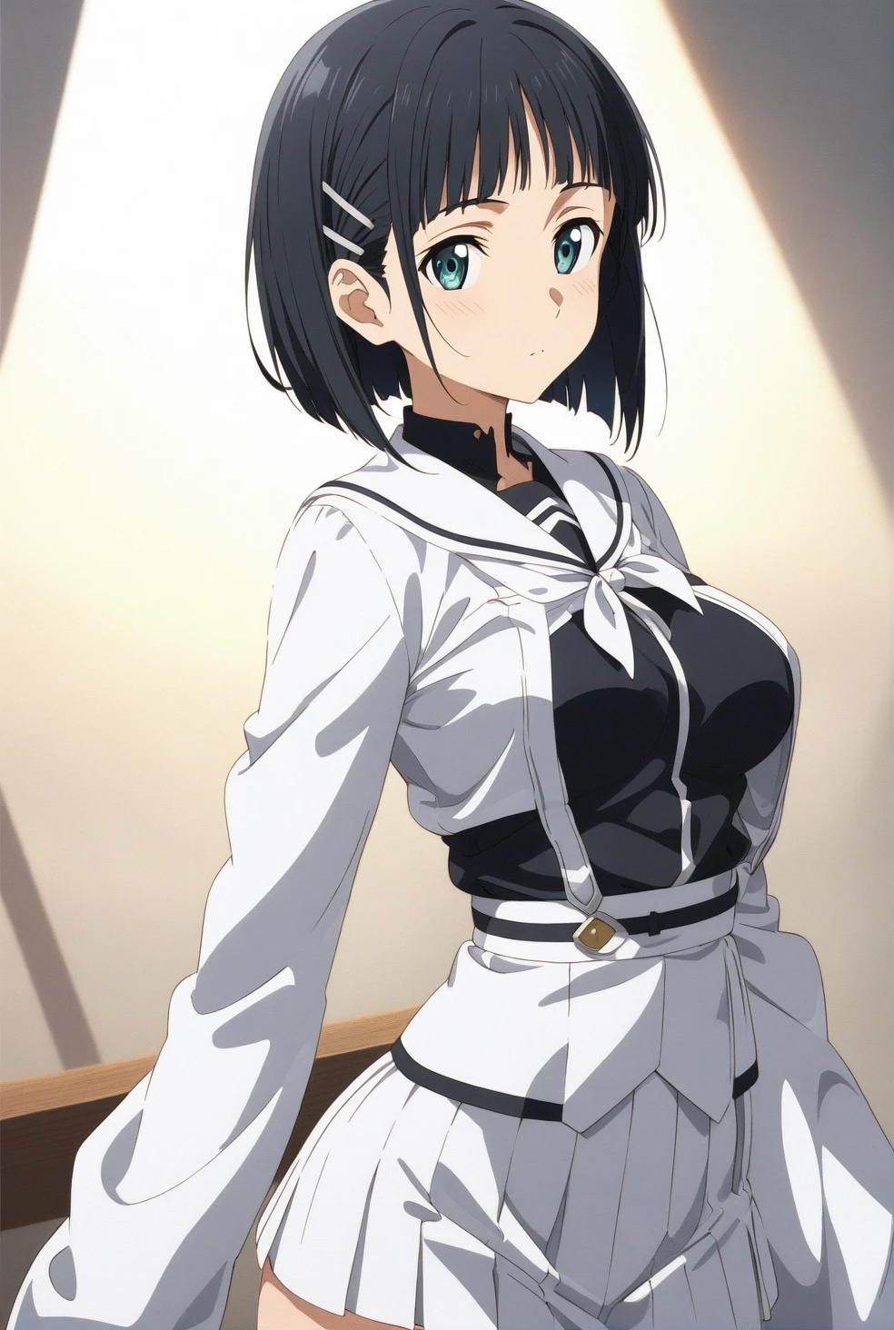 (masterpiece), (best quality), (ultra-detailed), very aesthetic, illustration, perfect composition, intricate details, absurdres, detailed face, (intricate),1girl, kirigaya suguha, sword art online, nipple,perfect face, 4k, extremely detailed anime illustration,, enhanced details,cowboy shot,perfect anatomy,smooth skin, (gray background), cristal clear eyes, beautiful face,(anime style:0.8), (highres),