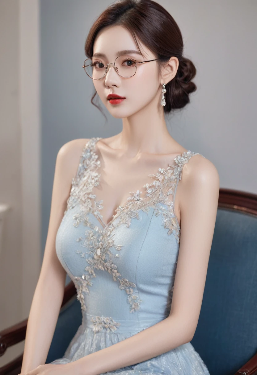 Đầm màu đỏ do. Top of the line CG, highest image quality, masterpiece, exquisite and delicate beautiful girl, (185cm beautiful woman), (tall and slender figure), imperial sister, queen temperament, fair skin, ((long legs)), perfect facial features, bright eyes, seductive posture, red lips, beautiful and cold (big breaks)), beautiful and heroic, soft and long hair, sparkling, lace edge, mesh, visible skin through perspective, wearing glasses, diamond earrings, ruby necklace, (evening dress), 8k image quality, (realistic portrait), characters fill the screen, (Facial lighting), ((Standing)