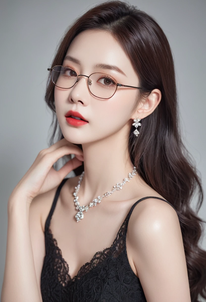 Đầm màu đỏ            do.     Top of the line CG, highest image quality, masterpiece, exquisite and delicate beautiful girl, (185cm beautiful woman), (tall and slender figure), imperial sister, queen temperament, fair skin, ((long legs)), perfect facial features, bright eyes, seductive posture, red lips, beautiful and cold (big breaks)), beautiful and heroic, soft and long hair, sparkling, lace edge, mesh, visible skin through perspective, wearing glasses, diamond earrings, ruby necklace, (evening dress), 8k image quality, (realistic portrait), characters fill the screen, (Facial lighting), ((Standing)