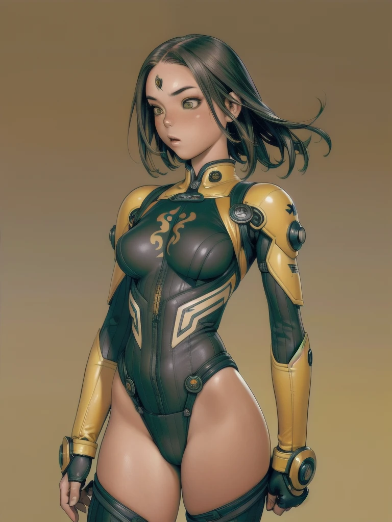 (((Yellow))), ((best qualityer)), (((Venom outfit))), (((slim))), (Muscles), (((fit body armor suit))), ((Perfect masterpiece)), (detailded: 1.4), (absurdrez), (((long hair with heavy bangs covering the entire forehead))), (((full body fitness, Venom symbol)), (((short hair woman, blushful))), 21 year old woman, beautiful sexy woman, giant robot pilot, wild with perfect corpo fitness, wearing small mecha battle armor clothes, tiny thong, Shonen manga style, clothing with Japanese cyberpunk graphic patterns, Halftone pattern and vertical stripes, earth tone, exiting the body of a giant robot, (((cowboy shot)))