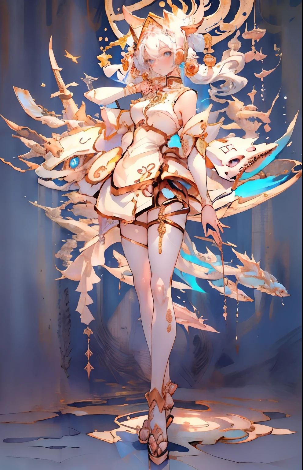 girl, fish, White hair, blue eyes, Peach Blossom, Humanity, , pipeline, Metal parts attached to the body, masterpiece, 8k Screenshots, Art Book，Art Books, arms, look back, Bend your knees, Raise your hand, Cat ear, wing, metal fish, pattern、bone、Pink elements、Bow、Pillow、gorgeous、Exquisite、jewelry