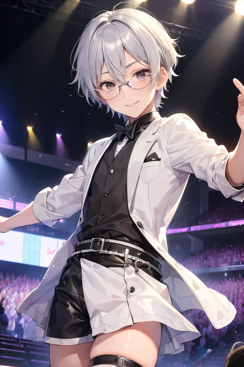 Kimishima Ikuto、17 years old、（1:boy)、(Hairstyle:Silver short hair,Silver Hair)、Slanted Eyes、Brown eyes、Perfect Anatomy、(On stage),dancer、Sparkling smile、(Looking at the audience, With a smile),whole body、Beautiful Boy Idol,(Glasses:White rim),Crisp eyebrows