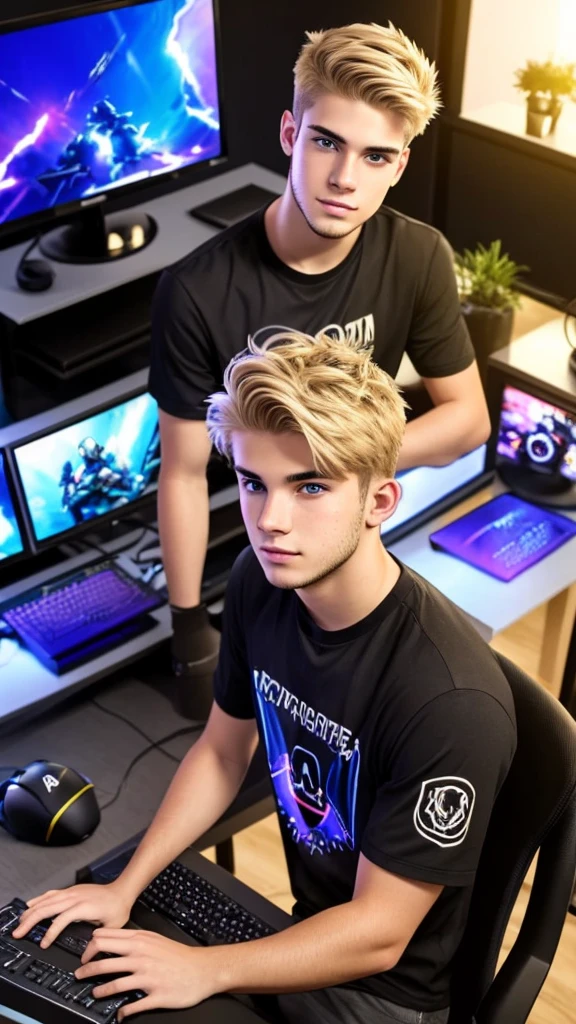 Create an image of a young man 23 years old. He has blonde hair and light-colored eyes. The young man is seated at a gamer setup with multiple monitors and gaming accessories visible. He is facing the camera, as if he's streaming, with a microphone and possibly a webcam in view. The focus is centered on him, while the background is blurred to emphasize his presence. The lighting should be soft, highlighting his facial features and the gaming environment, giving a professional streaming vibe.