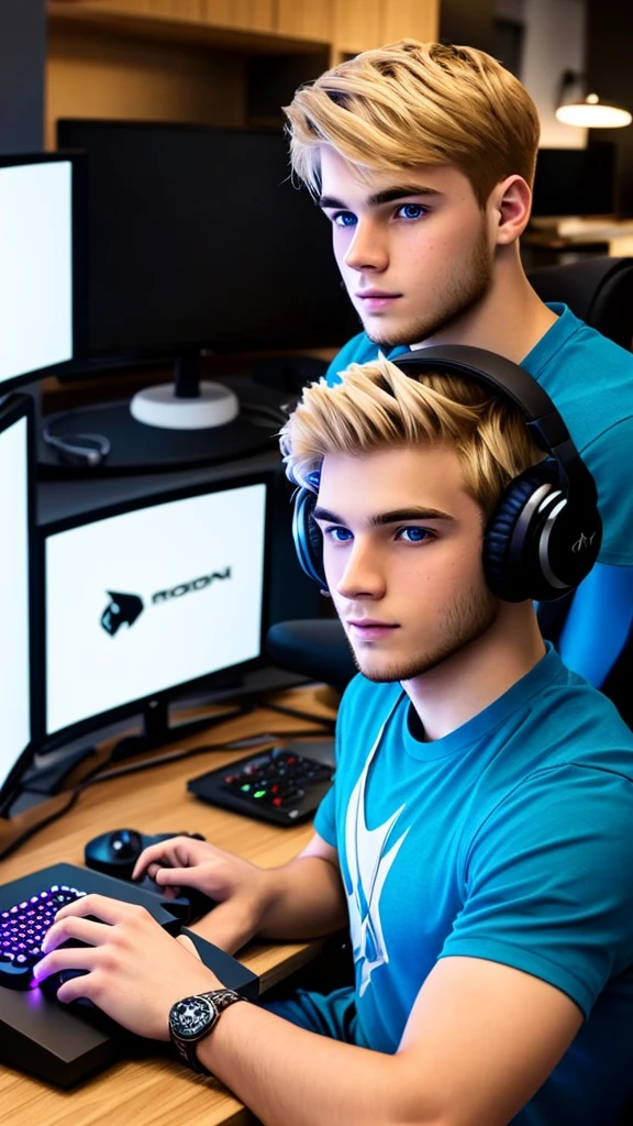 Create an image of a young man 23 years old. He has blonde hair and light-colored eyes. The young man is seated at a gamer setup with multiple monitors and gaming accessories visible. He is facing the camera, as if he's streaming, with a microphone and possibly a webcam in view. The focus is centered on him, while the background is blurred to emphasize his presence. The lighting should be soft, highlighting his facial features and the gaming environment, giving a professional streaming vibe.