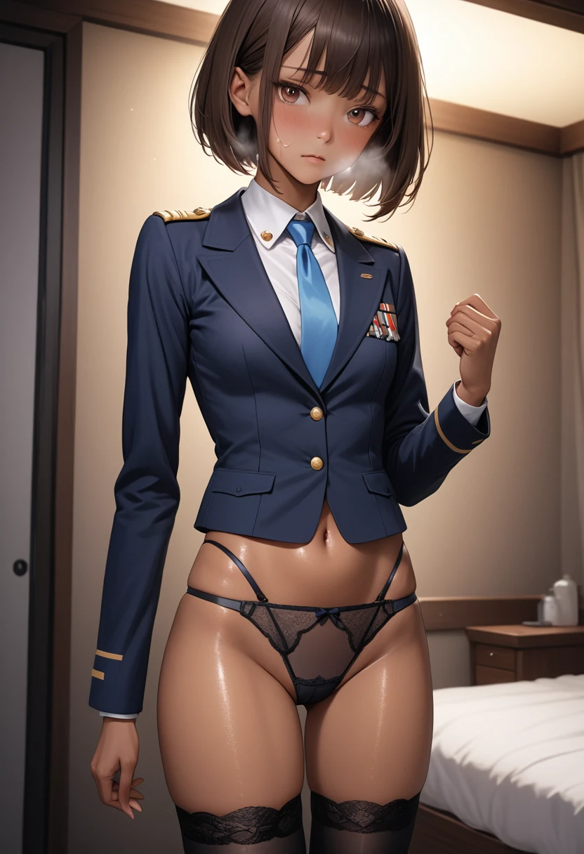 (masterpiece,Highest quality:1.3,best quality illustration),realistic,cowboy shot,1woman,30 year old Japanese beauty,Naval officer、((very small head:1.4)),short bob hair,brown hair,bangs,brown eyes,gorgeous eyes,shy,Heavy breathing,((Dark blue blazer jacket、Blue tie、Black panties、Black garter belt,black thighhighs))、navy uniform,small breasts,((very long body:1.4,tan skin)),(toned body,slender body,skinny),gleaming skin,shiny skin,sweat:1.2,standing,Bedroom,indirect lighting、