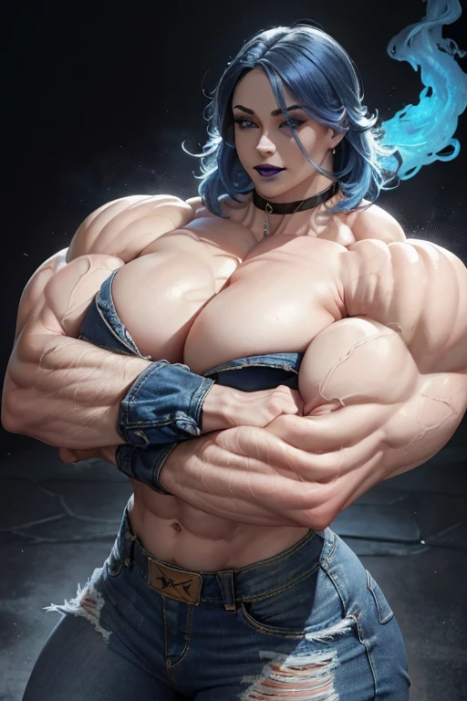 ((((Massive, beautiful, buff, pale white skinned muscular woman with royal blue hair, black lipstick, ginormous bulky muscles, crossed arms and wearing a denim jacket and a tight denim pants)))), (close view), massive muscles, hyper muscles, long curly wavy hair, ((tight tank top)), tight tank top, white eyes, choker, (((denim jacket))), (denim gloves), high heel boots, blue colored fire, (blue fire background), closed smile, night, ginormous arms