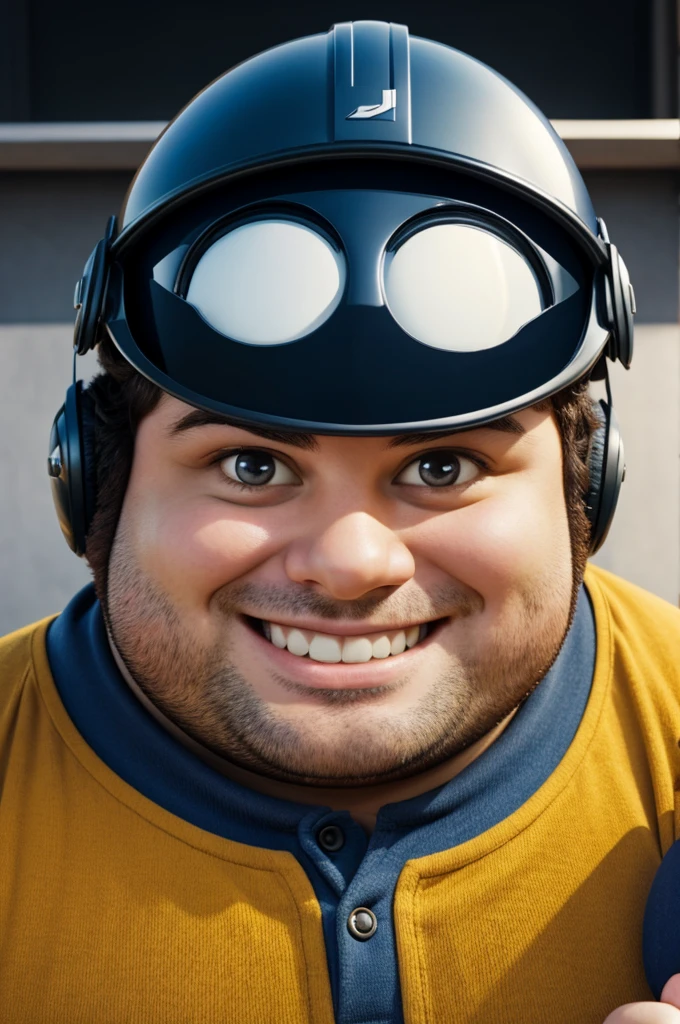 A chubby man with a helmet, dark-haired, smiling, disney pixar EBV
