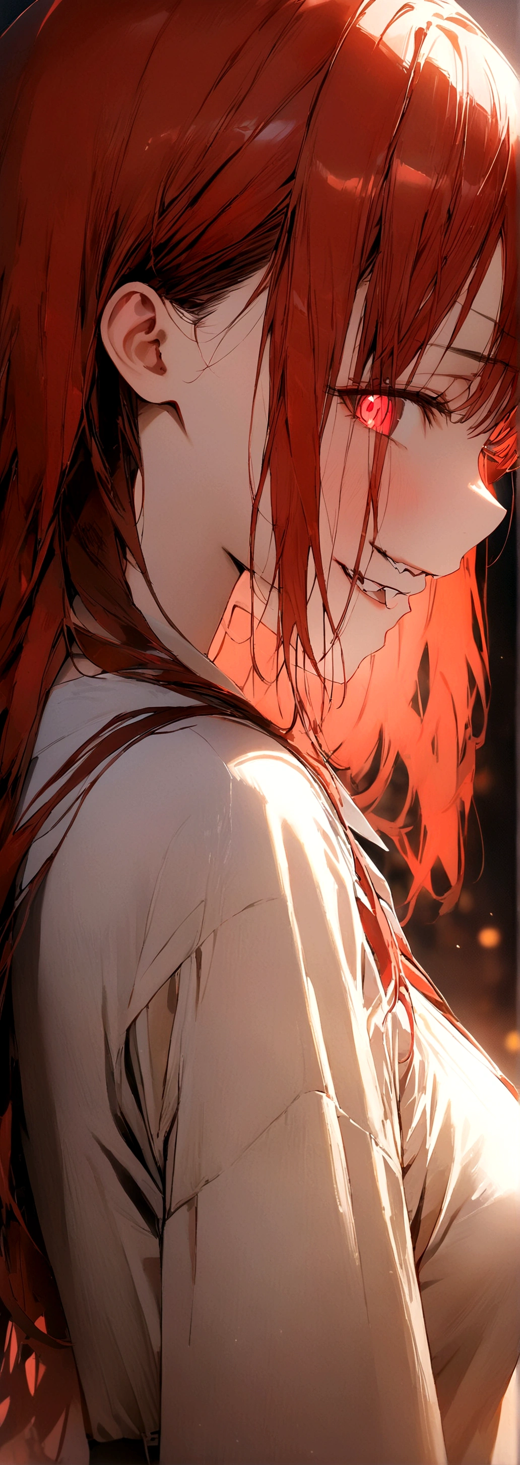 (Masterpiece:1.2, Best Quality), 1 woman, profile, looking towards the viewer, White shirt red tie, medium breasts, Casual, long red hair, minimal makeup, , pale,Natural fabrics, closeup face, evil smile, bright eyes circular pupils,8K high resolution, detailed lines,blurred background,