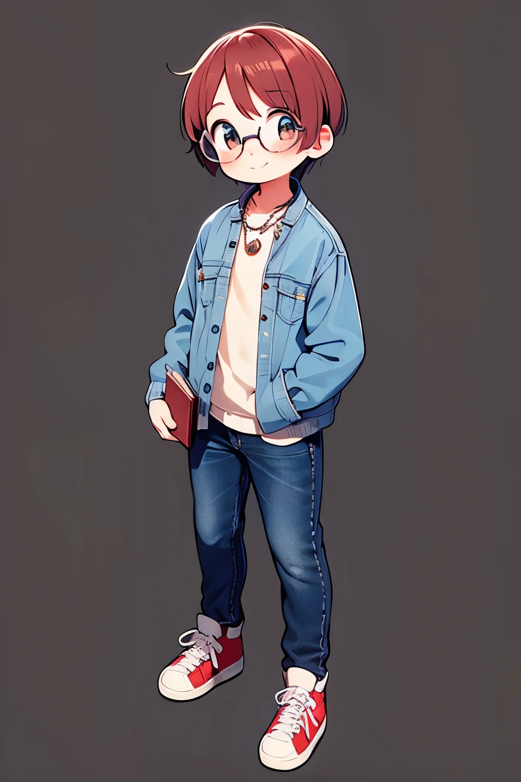 anime guy , showing full body and his shoes , dark brown eyes , light blue jean jacket , cream shirt , redhaired short hair, black jeans , smiling face, handsome guy, 1 silver necklace with a little ball, round glasses, freckles on the nose and cheeks, blush face, standing up reading a book, black convers, nice background, pretty face, full body showing complete shoes