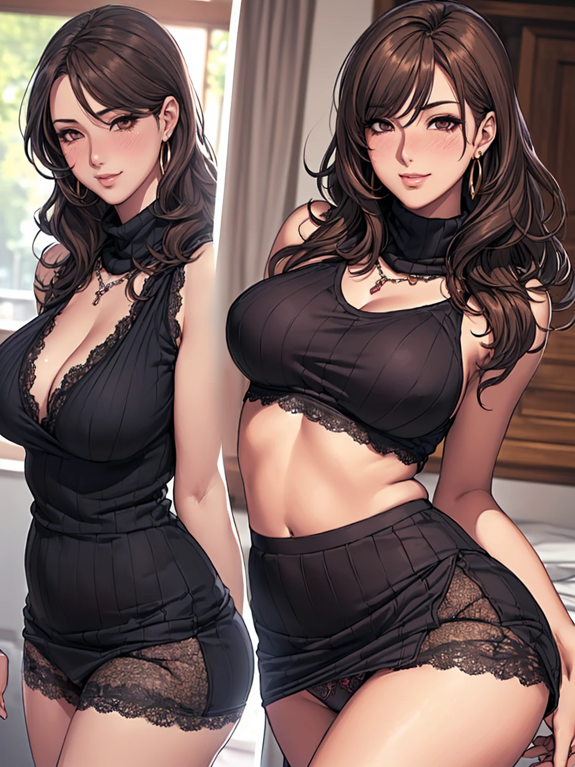 (Highest quality,High resolution,Pixel perfect,8K), (1 Girl:1.2), Beautiful woman,((Wavy mid-length hair, bangs, Brown Hair)), ((Brown eyes, Beautiful eyelashes, Realistic eyes)), ((Detailed face, blush:1.2)), ((Smooth texture:0.75, Realistic texture:0.65, Realistic:1.1, Anime CG Style)), Slender body, Medium Chest, Perfect body, (Earrings,necklace,Sleeveless turtleneck sweater,mini skirt, ((Skirt flip)), A shy smile, ((Her lacy panties are visible:1.1), (Multiple Views,Two views), (The sexy, beautiful girl next door:1.2), Inviting expression, Trying to take off my top
