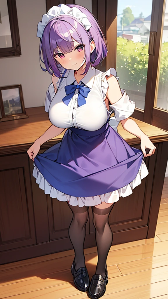 最high quality, high quality, Super detailed, 32k, Ultra-detailed details, Sister and maid, (Standing, pretty girl, beautiful purple hair, short hair, Beautiful RED eyes, mature, Big Breasts, A light smile, Off-the-shoulder sleeveless Summer メイド服, Summer casual maid clothes, Short skirt, Blue and white color striped underwear, Black knee socks, loafers, She lifts her skirt with both hands, 18-year-old,cute), A maid who moves her body vigorously without caring if her breasts bounce, Super detailed, indoor, Full body image, ((Head to Toe:1.3)), NSFW